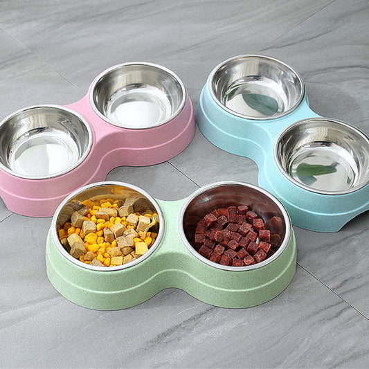 Double Pet Bowls Dog Food Water Feeder Stainless Steel